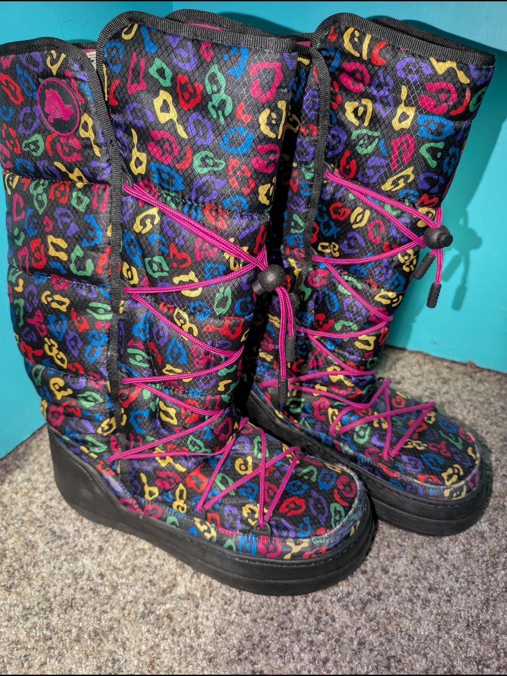 Colorful Leopard Print Crocs Snow Boots with Pink Laces